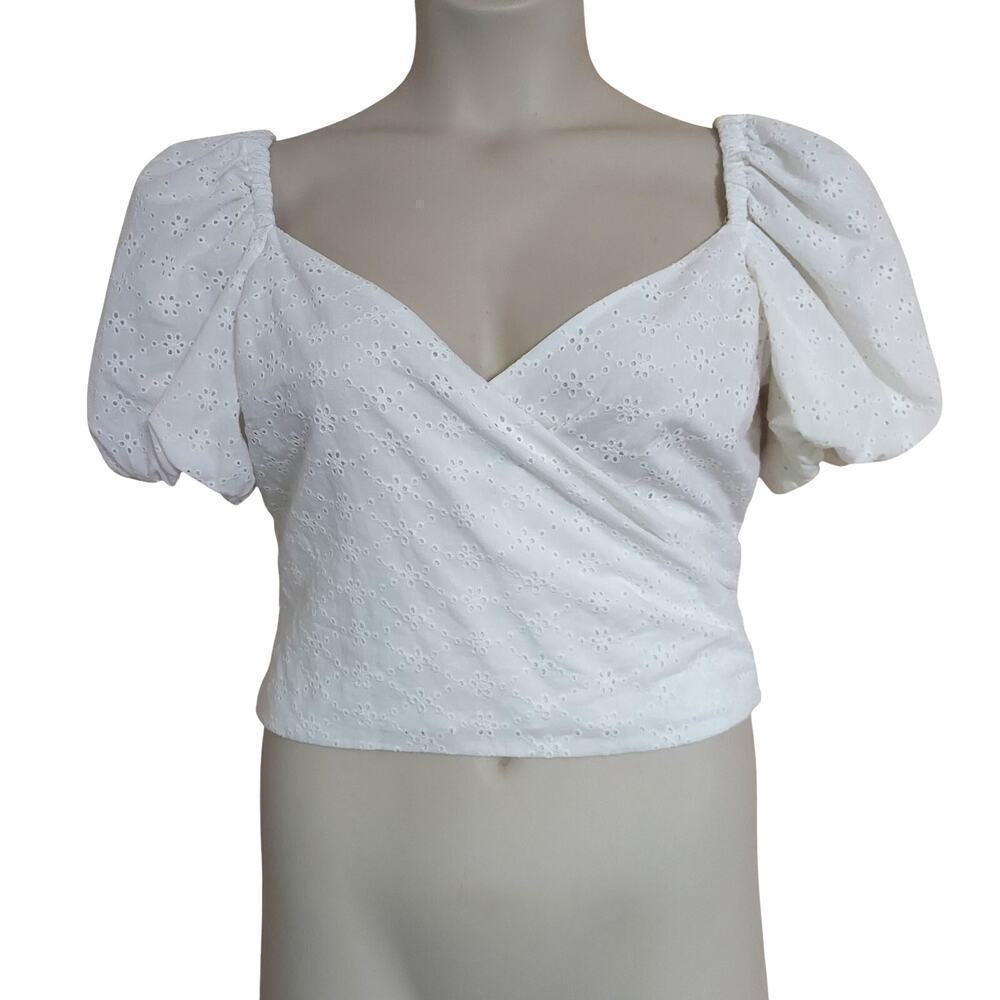 Bar III White Eyelet Cotton Faux Wrap Bubble Sleeve Crop Top